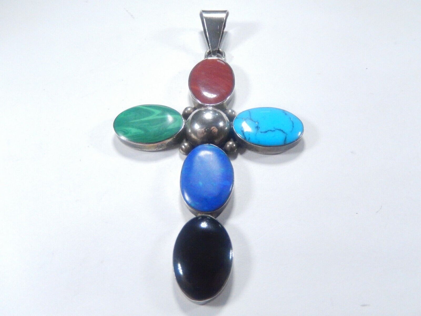 *VINBTAGE*  Large Sterling Taxco Mexico Multi Gemstone Cross Pendant 4" Tall