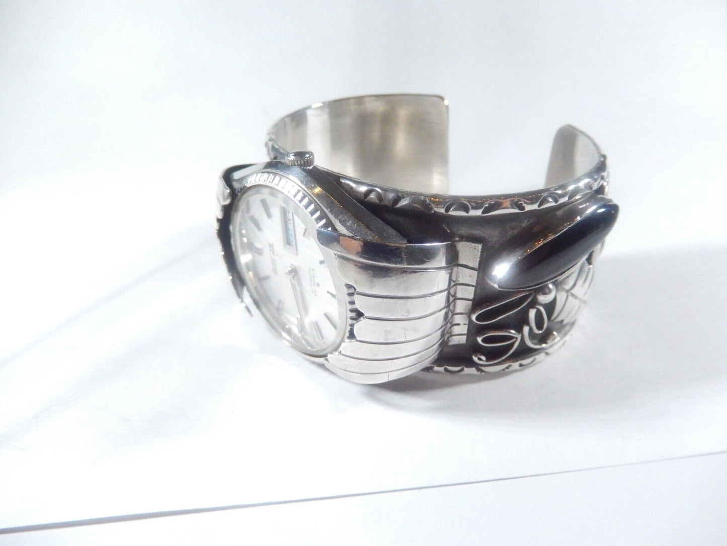 Navajo Johnny Frank 1911 Sterling Silver Stamped Seiko Automatic Cuff Bracelet