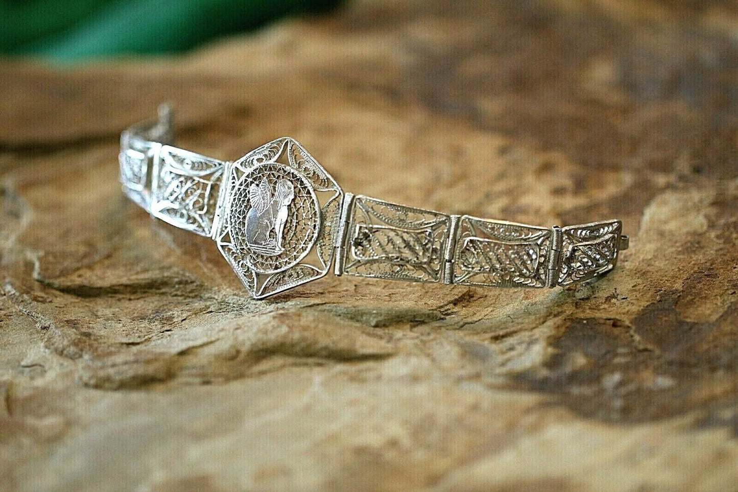 *VINTAGE*  EGYPTIAN Sterling Silver Detailed Filigree  Bracelet  7"