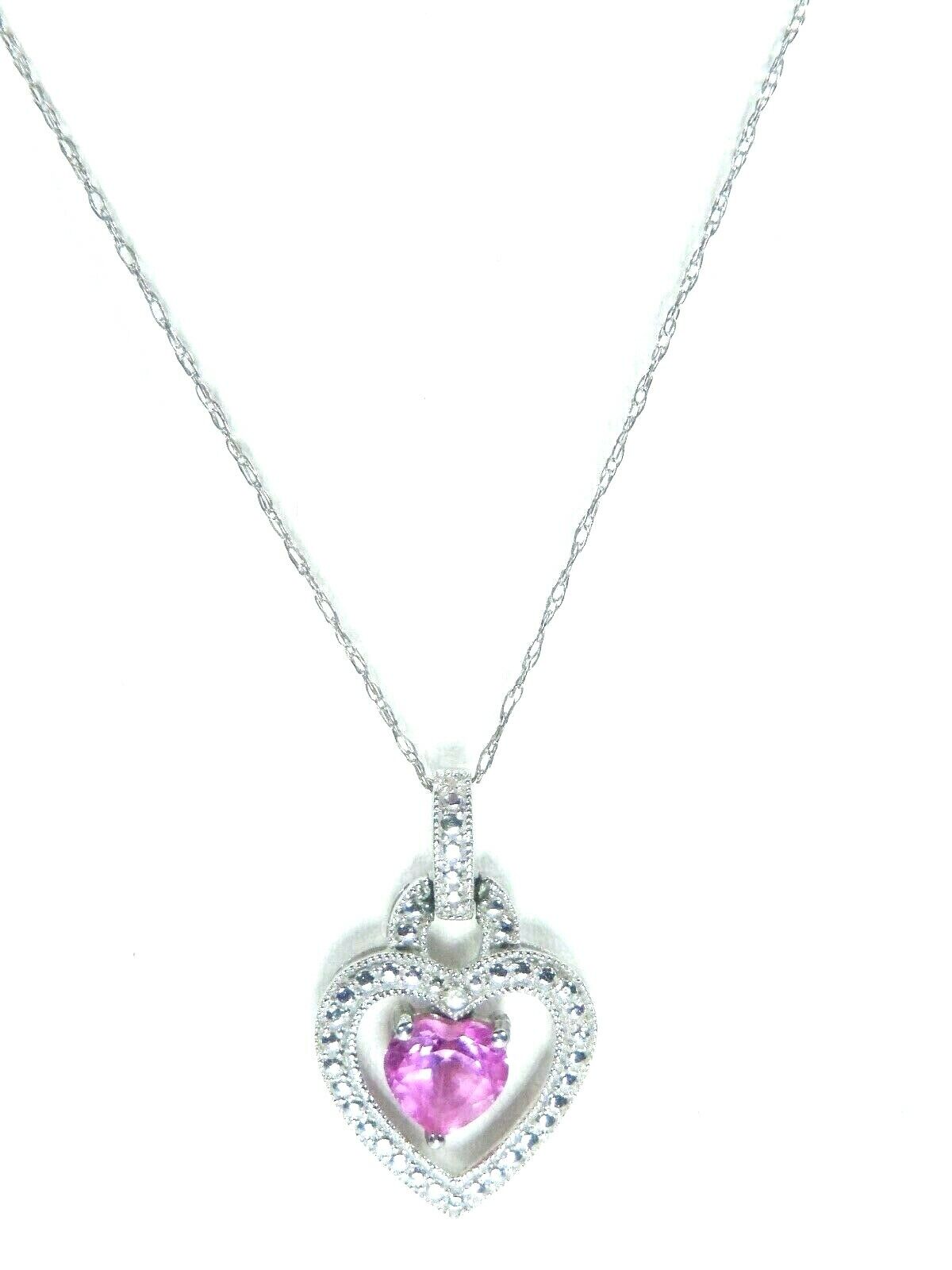 *VINTAGE* 10k White Gold Pink Sapphire & Diamond Open Heart Pendant w/20" Chain