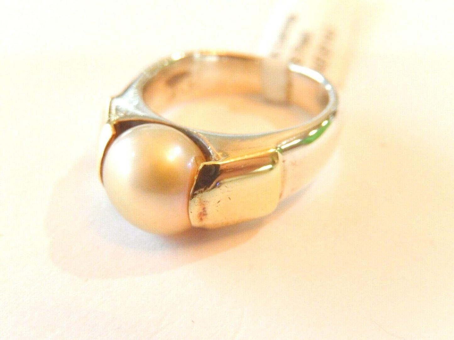 *VINTAGE*  18k Yellow Gold-Sterling Silver 8.5mm Cream Pearl Solitaire Ring 5.5