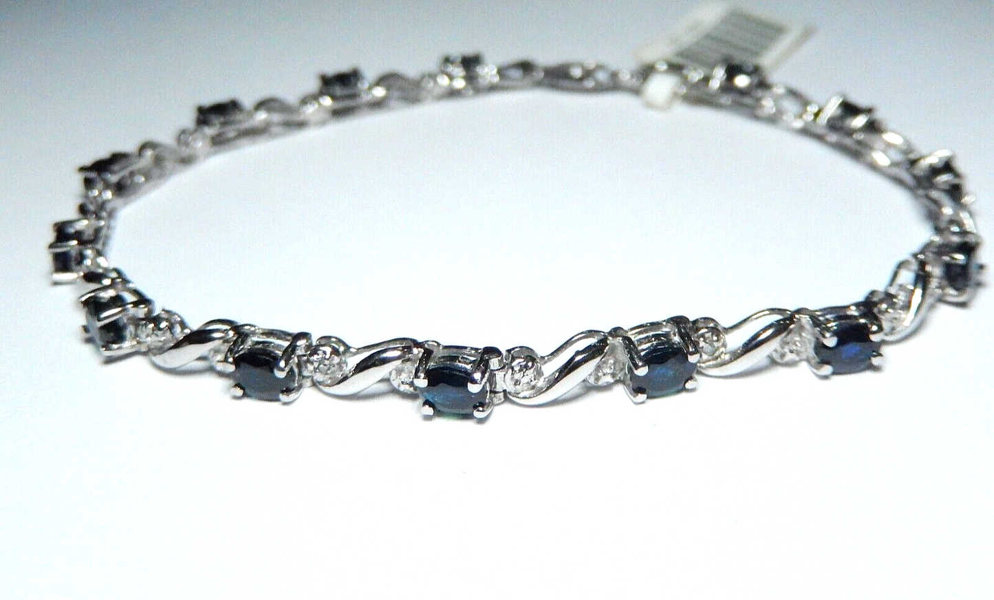 *NWT*  14K White Gold 2.75 CT Natural Blue Sapphire & Diamond Tennis 7” Bracelet