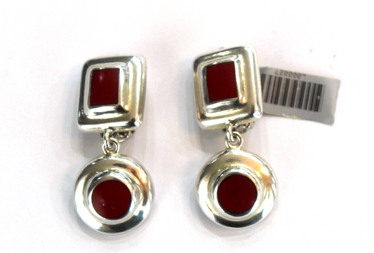 VINTAGE MEXICO  STERLING SILVER RED CORAL CLIP ON  EARRINGS 19.9 gm / 1.75" TALL