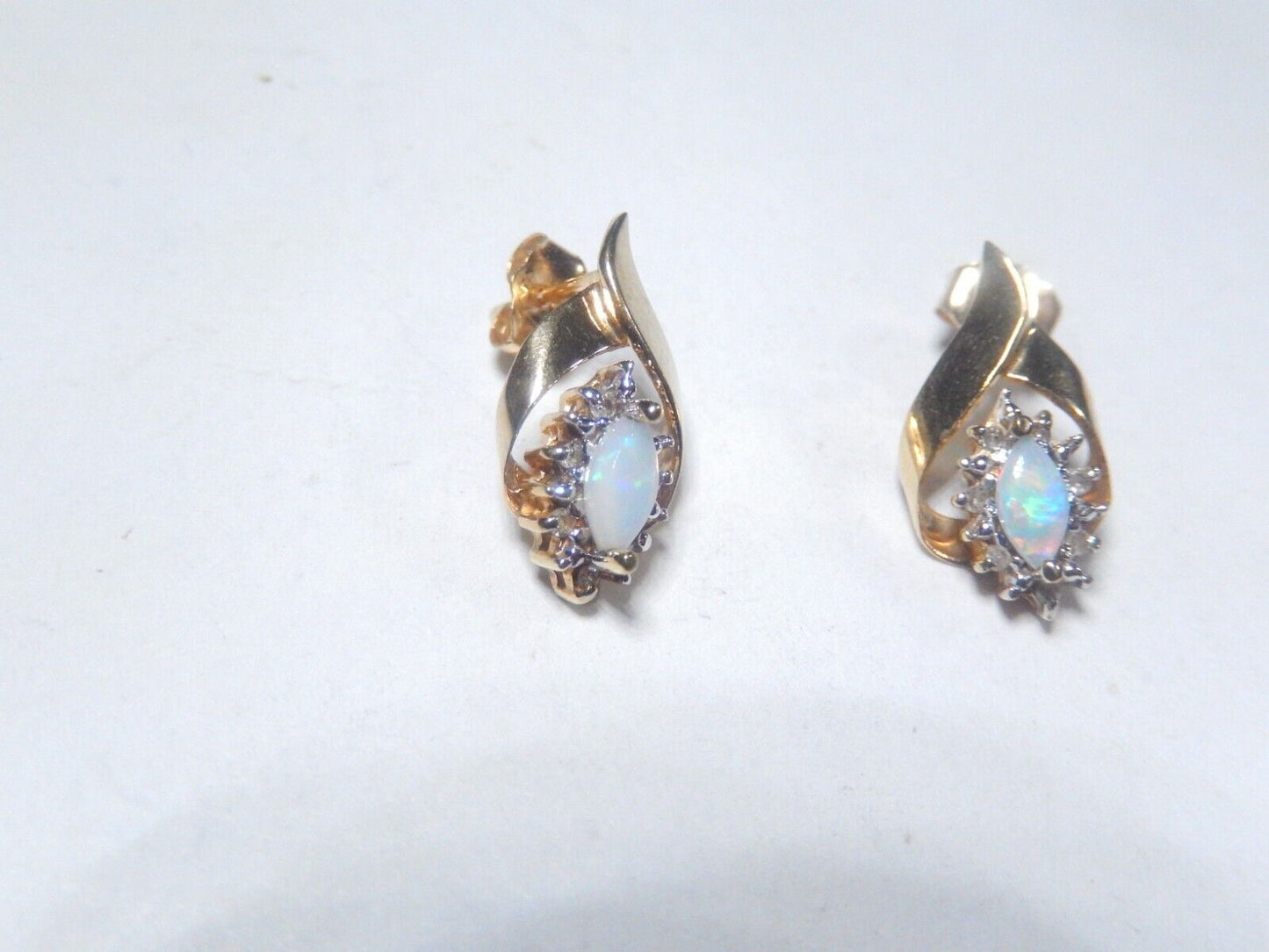 *VINTAGE* 10k Yellow Gold Marquise Opal And Diamond Halo Earrings
