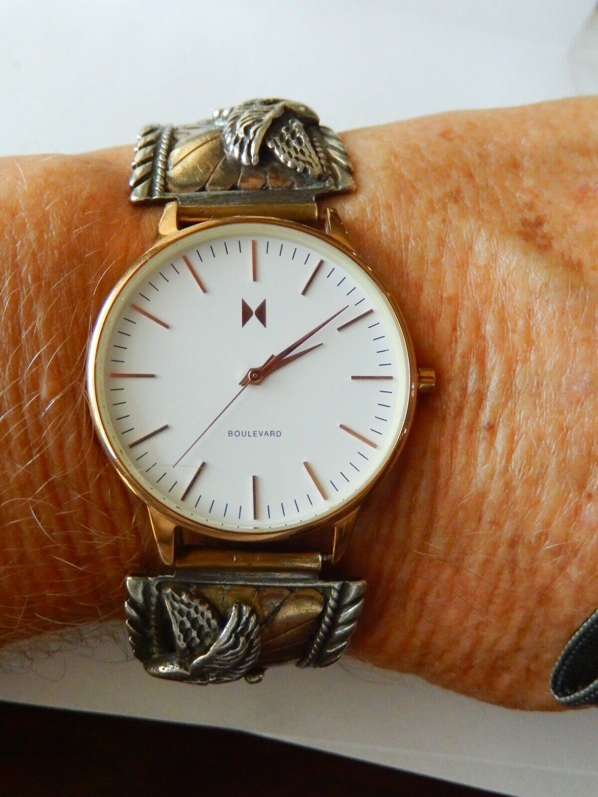 Signed Navajo 14K Gold Sterling Silver Men's Watch Band  w/ MVMT Quartz Watch