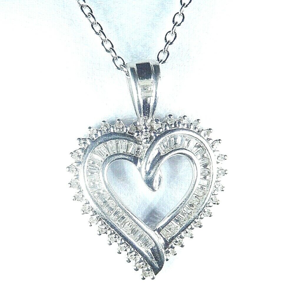 10K White Gold 1CT Diamond Stunning Baguette Loving You Heart Necklace Pendant