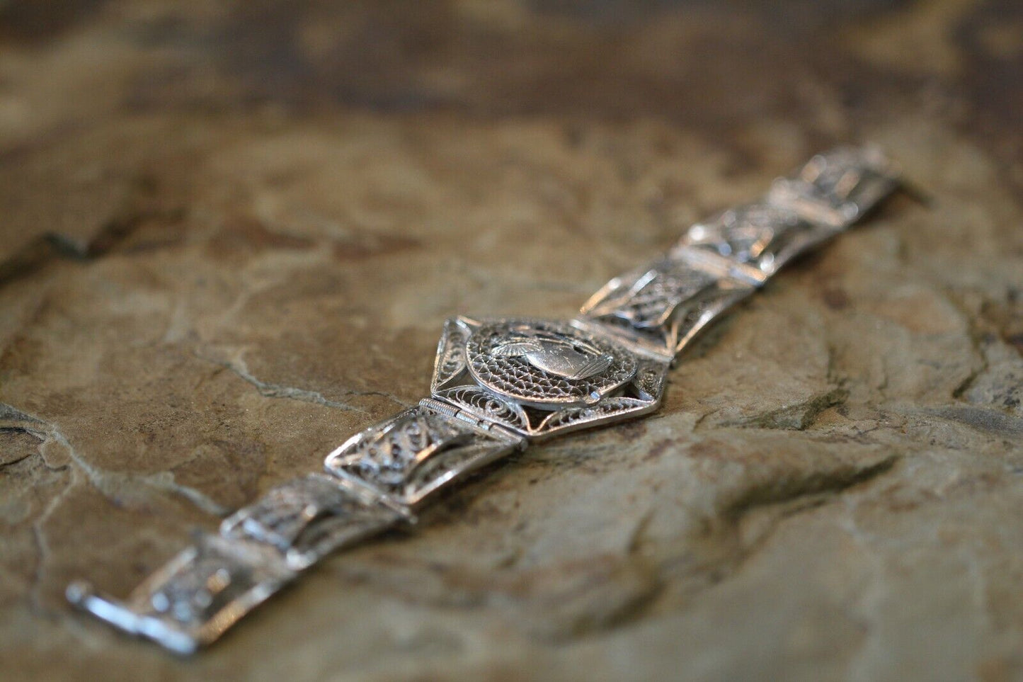 *VINTAGE*  EGYPTIAN Sterling Silver Detailed Filigree  Bracelet  7"