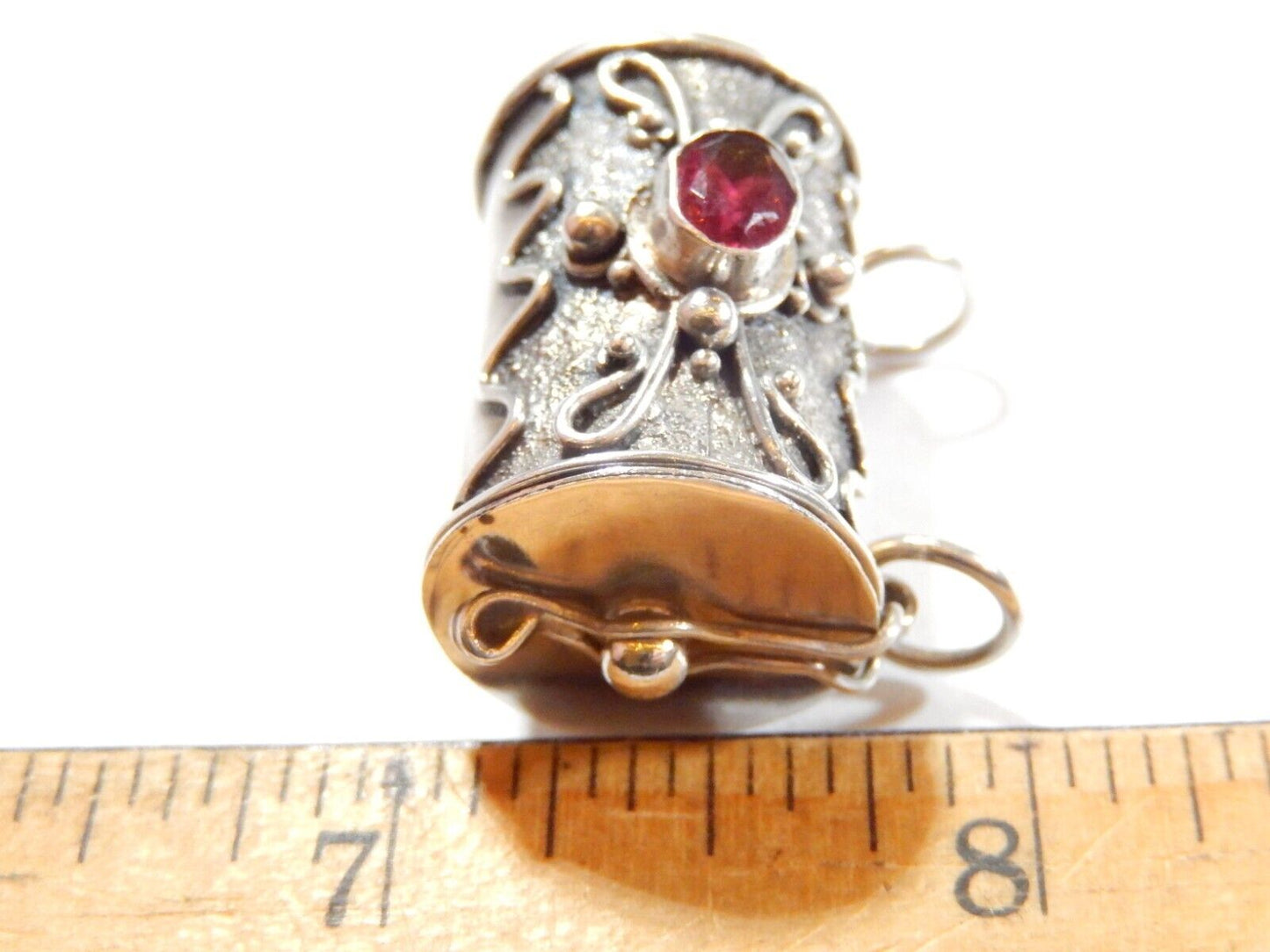 *VINTAGE*   925 Sterling Silver Garnet Poison Pill Box Locket Pendant