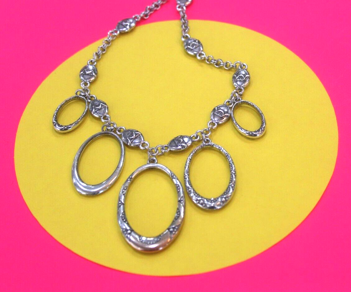 BRIGHTON Silver Tone Filigree & Chain Link Necklace Oval Dangles 15"-18"