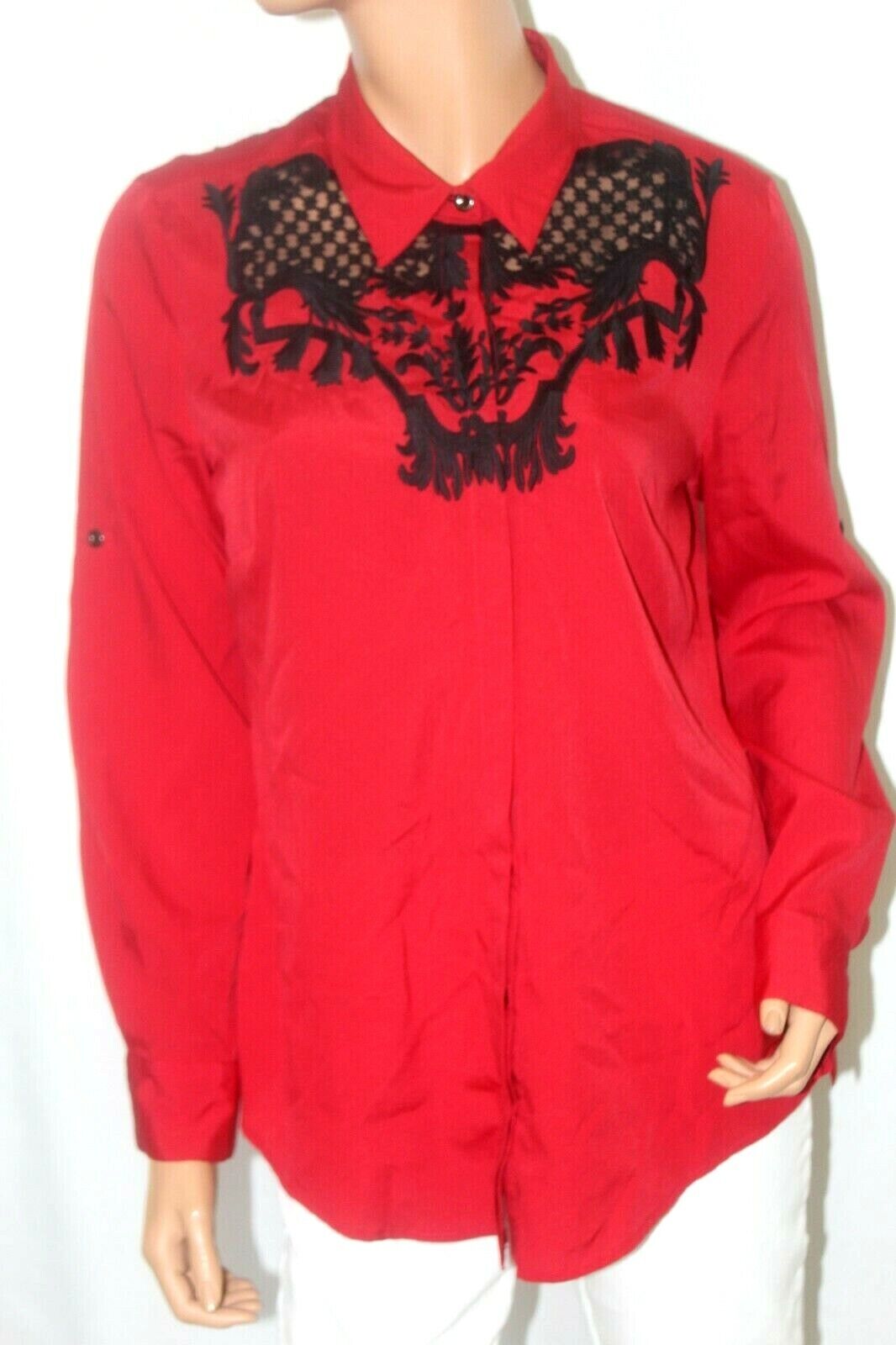 Gianni Bini Womens  Red Top  Black  Lace Embroidered Boho Festival CUTE Sz Med