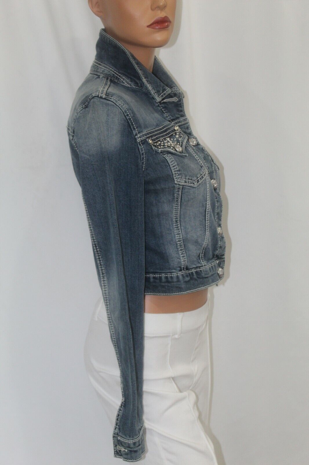 *NWT* Miss Me  JJ5788A Denim Jacket Rhinestone & Silver Stud Design Size Small