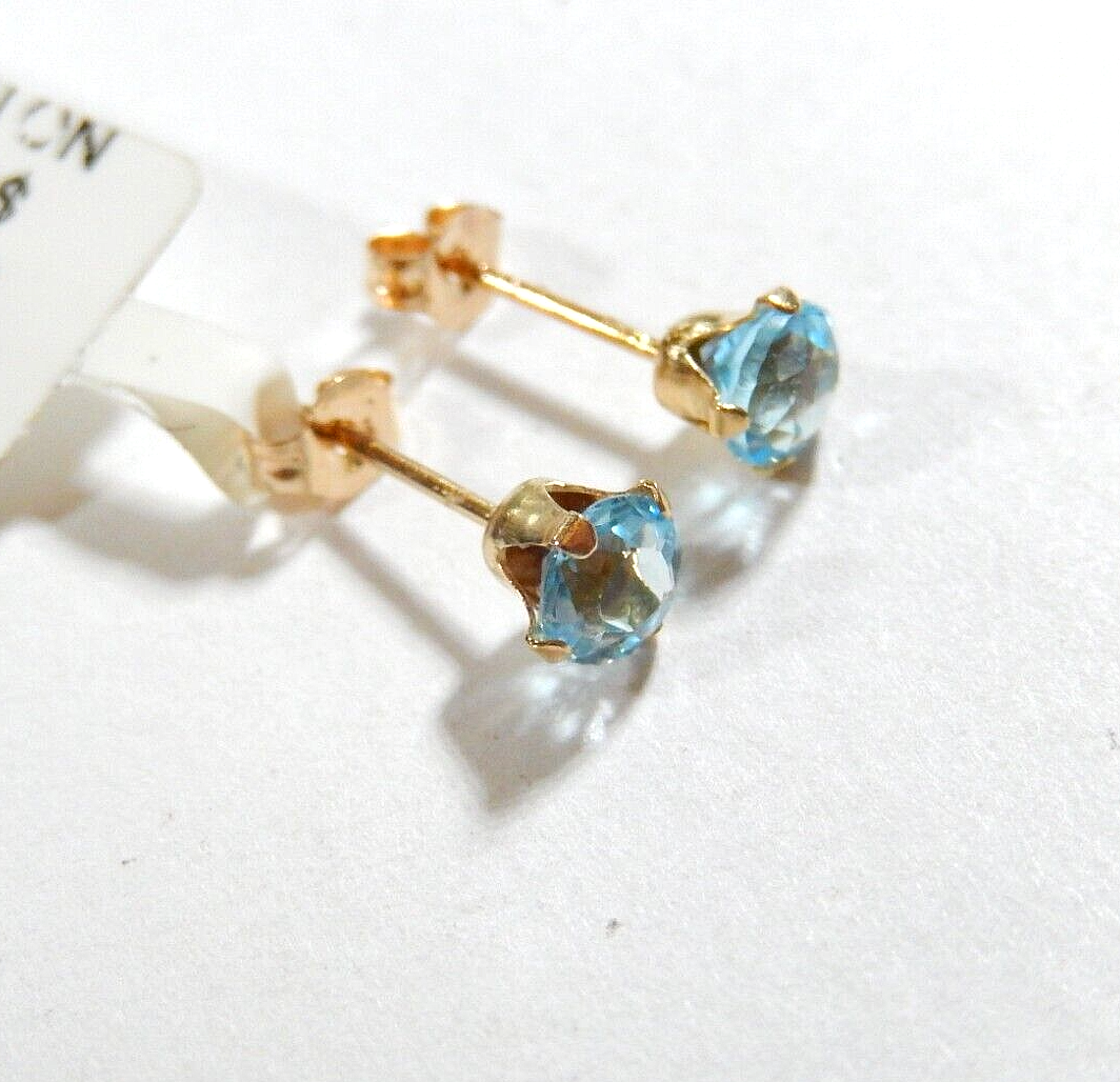 14k Yellow Gold .50CT TW Round Blue Topaz  Stud Push Back Earrings