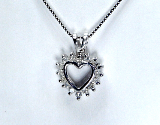 14K WHITE GOLD 16 NATURAL DIAMOND HEART PENDANT w/18" CHAIN