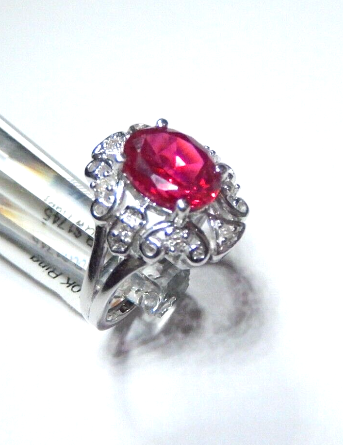 *NWT* 10k White Gold Lab Created 2.00 CT Oval Ruby and Diamond Halo Ring Sz 6.5