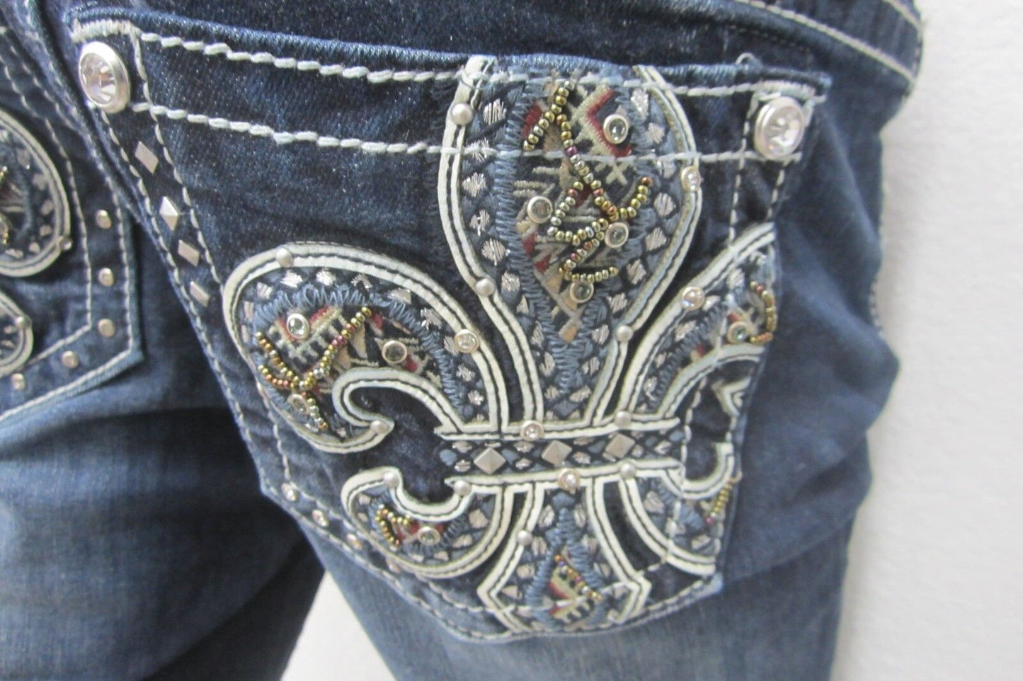 NWT Miss Me Women's Dark Blu Fleur-de-lis Hailey Skinny Jeans M3206S Sz 26 x L30