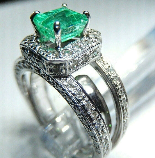 14K White Gold 1.50 Carat Natural Deep Green Emerald and VS Diamond Ring Sz 5.5