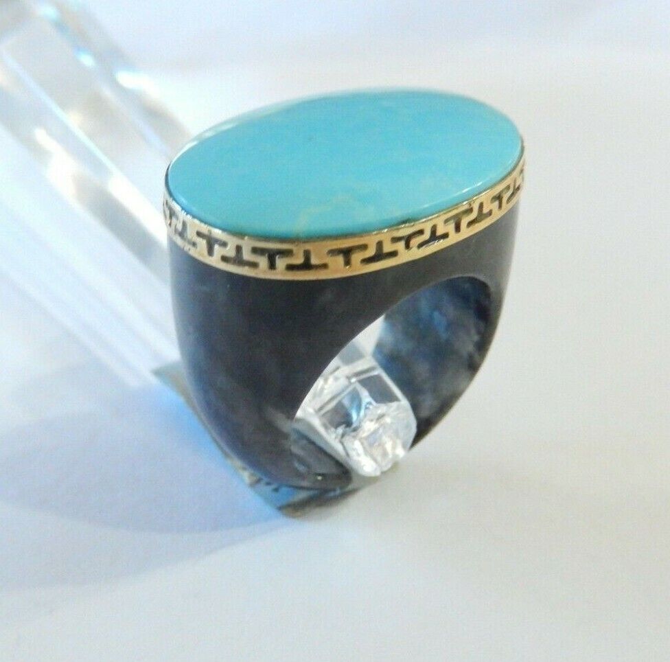 *VINTAGE*  LARGE - Signed "GSJ" - 14K Yellow Gold Black Onyx & Turquoise Ring