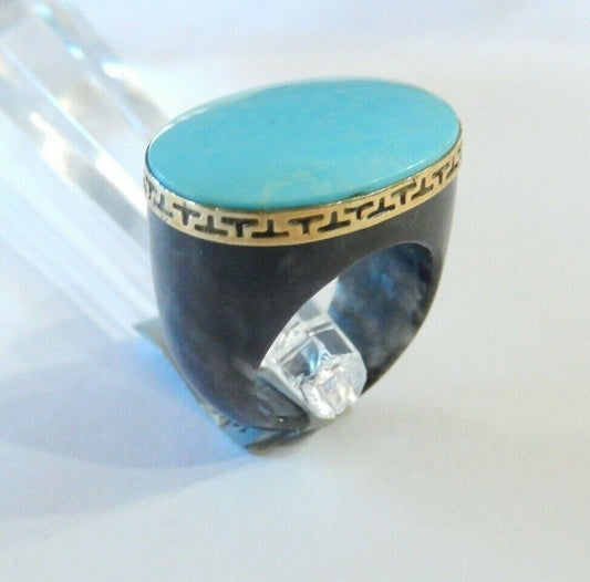 *VINTAGE*  LARGE - Signed "GSJ" - 14K Yellow Gold Black Onyx & Turquoise Ring