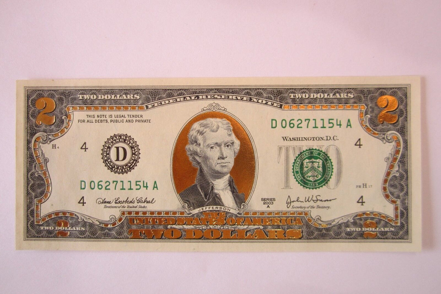 22 K GOLD LEAF- 2 DOLLAR BILL-  COLLECTOR  LEGAL NOTE- D06271154A