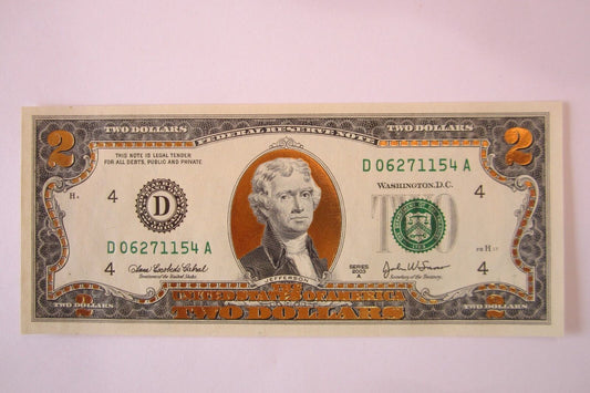 22 K GOLD LEAF- 2 DOLLAR BILL-  COLLECTOR  LEGAL NOTE- D06271154A