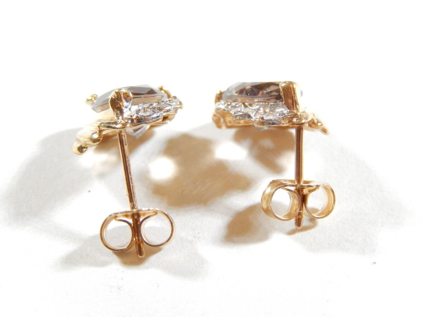 *VINTAGE*  10K Yellow Gold 3.00 CT TW Smoky Quartz and Diamond Stud Earrings