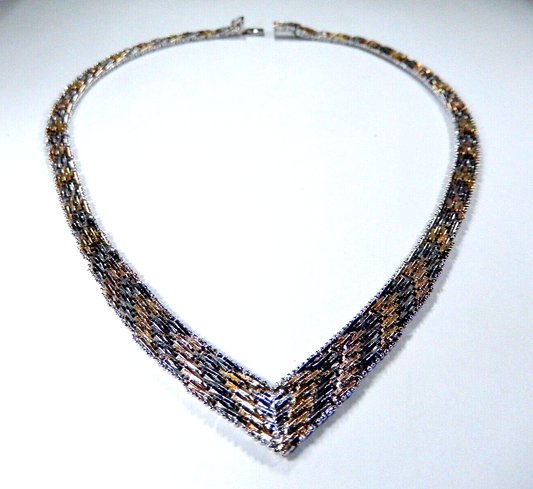 *VINTAGE* ITALY - V Shaped 16" Riccio Tri-Colored Sterling Silver Necklace