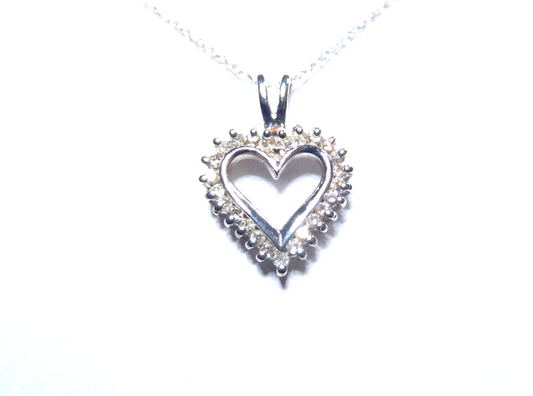 *VINTAGE*  14K White Gold .25 CT Diamond  Open Heart  Pendant w/ 14K WG 18" Chn