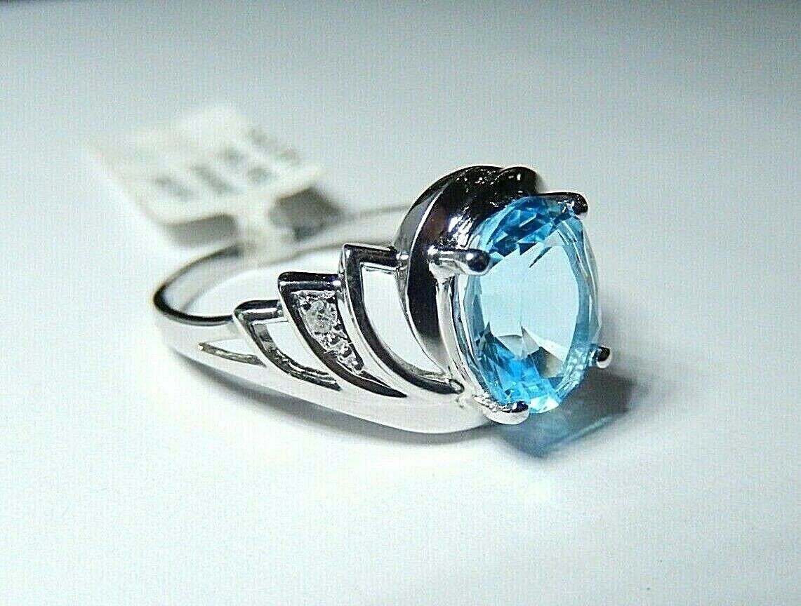 *NWT* 10K White Gold 2.00ct Blue Topaz & Diamond Solitaire Ring 8.25