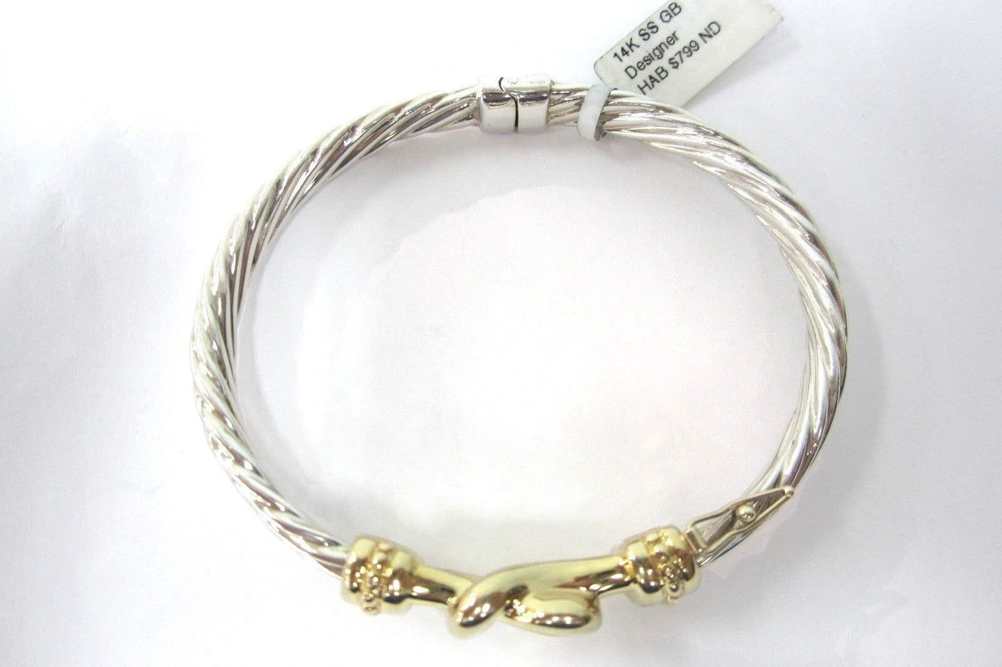 14k Yellow Gold & 925 Sterling Silver Bangle  Buckle Cable Bracelet