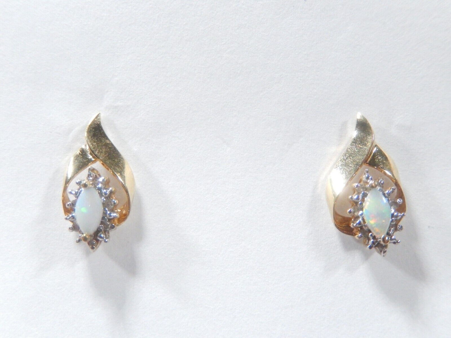 *VINTAGE* 10k Yellow Gold Marquise Opal And Diamond Halo Earrings