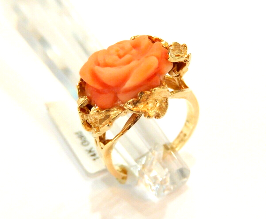 *VINTAGE*  14k Yellow Gold Natural Carved Red Coral Flower  Ring Size 6.5