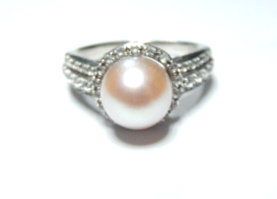 *VINTAGE*  Sterling Silver 8mm Round Pearl Ring With Crystal Accents Size 5.25