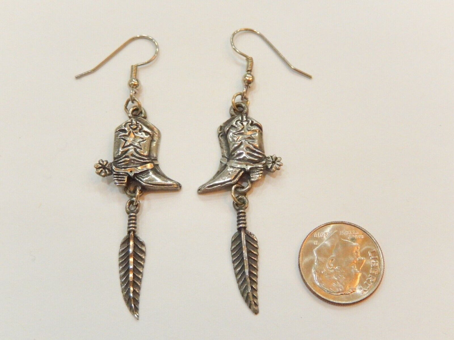 *VINTAGE* Cowboy Boot & Feather Dangle Earrings Sterling Silver 1.75"
