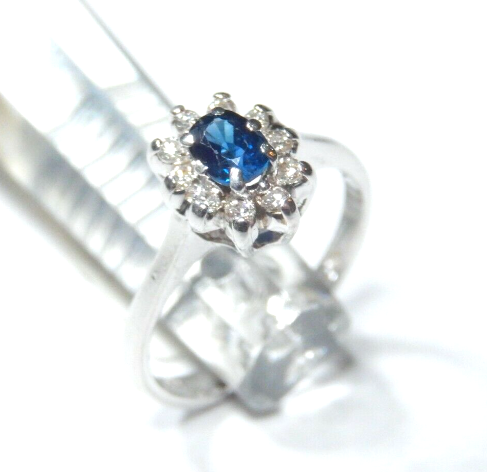 *NWT* 14K White Gold  Blue Sapphire & Diamond Halo  Engagement Ring Sz 4