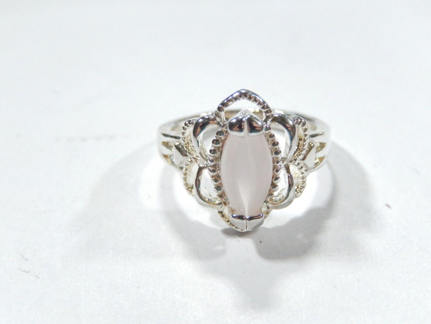 Pink Moonstone 925 Sterling Silver Ring Marquise Cut, Filigree Setting, Size 5