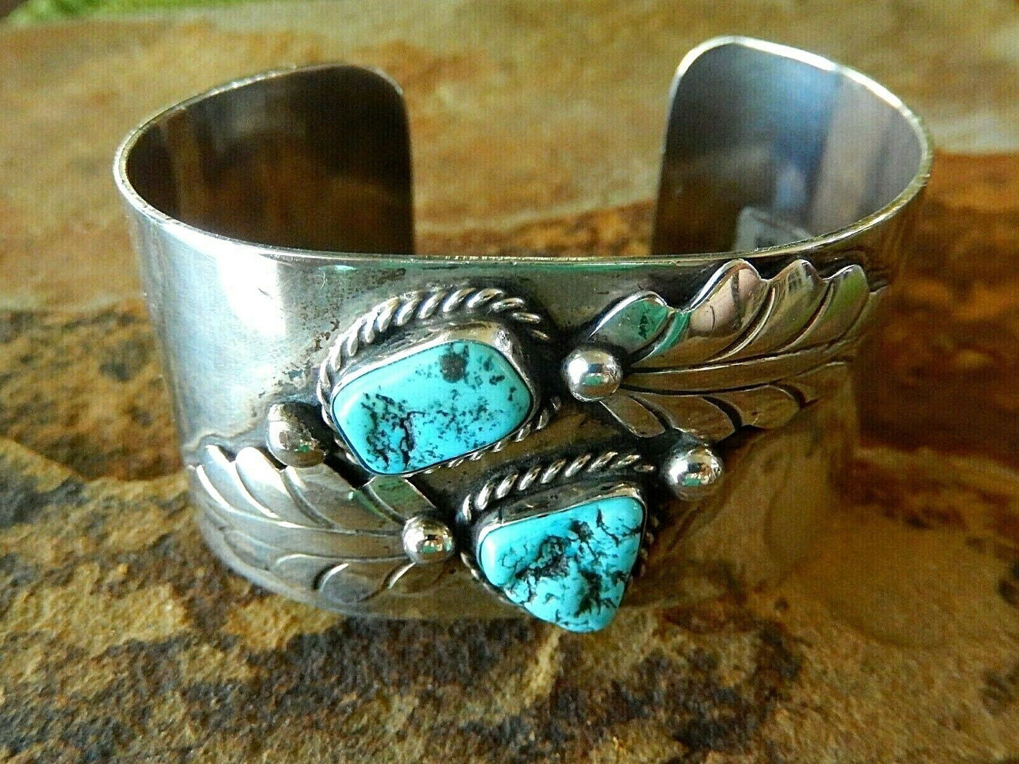 Vintage WIDE & HEAVY Southwest  Sterling SilverTurquoise Bangle F. SANDOVAL