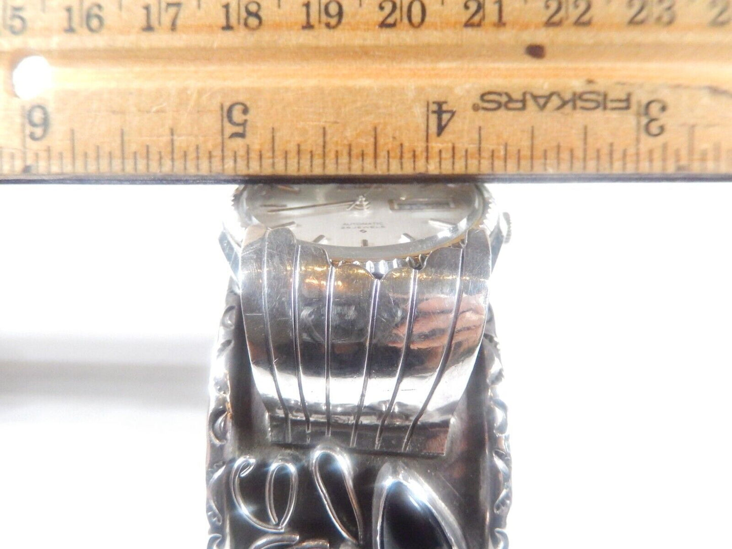 Navajo Johnny Frank 1911 Sterling Silver Stamped Seiko Automatic Cuff Bracelet