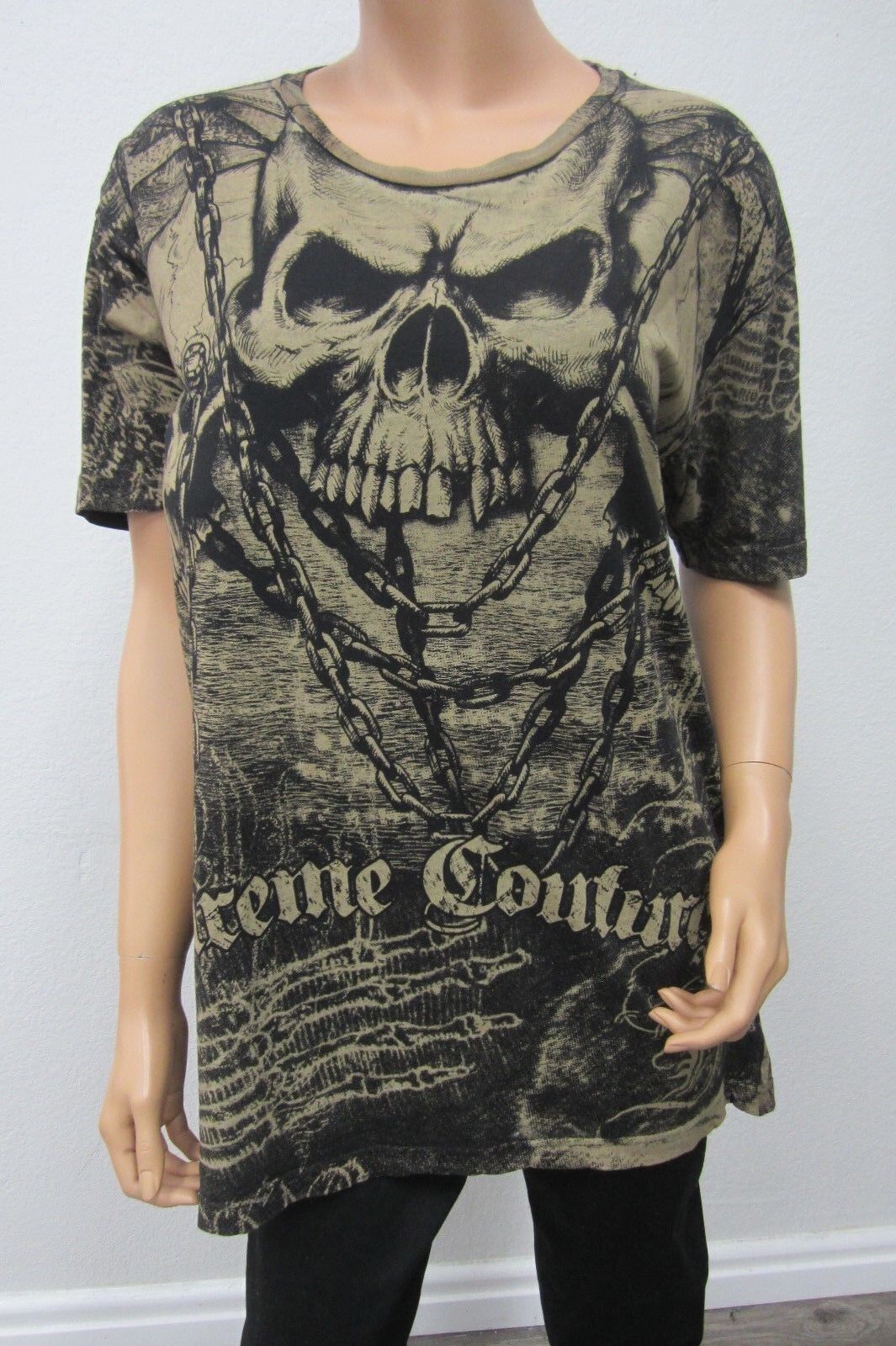 NWOT - XTREME COUTURE Skull  Top T-Shirt Shirt Tee ~Black/Brown Size Large