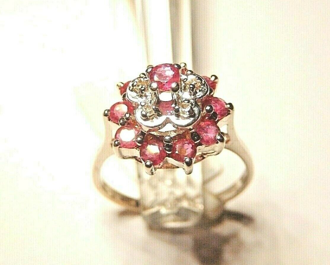 *NWT* 14k White Gold .66CT Diamond & Ruby Three Tier  Cluster Ring Size 6.5
