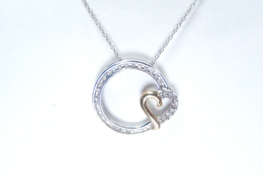10K TWO-TONE GOLD 1/3CT ROUND DIAMOND HEART CIRCLE PENDANT 18" NECKLACE