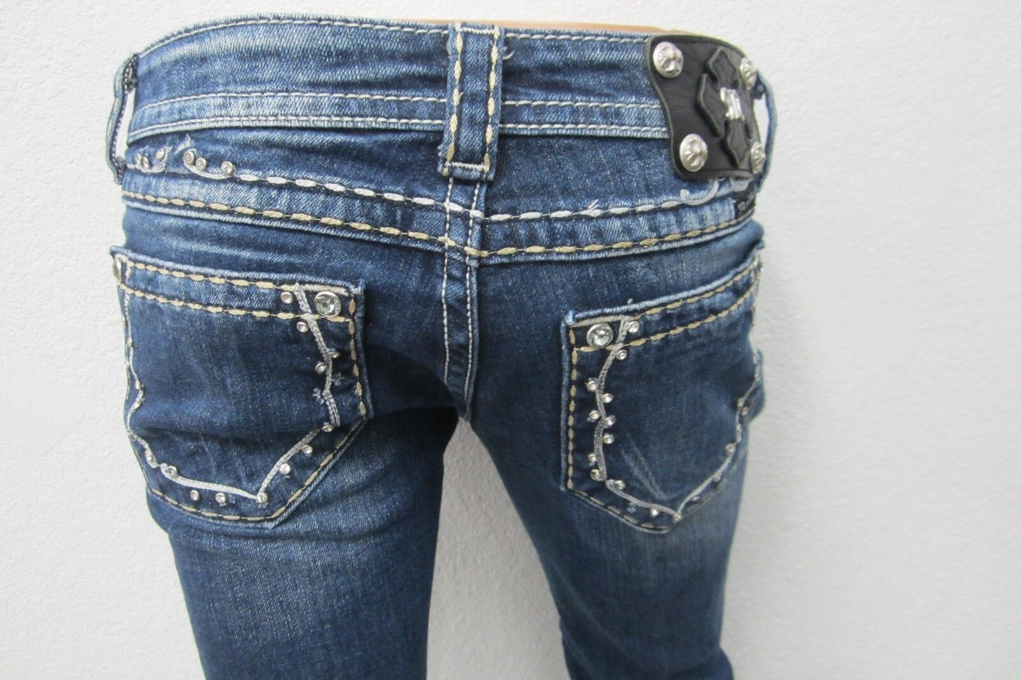 NICE  MISS ME Distressed Dark Low Rise Boot Crystals Jeans JW5161B2 Size 27 x 29