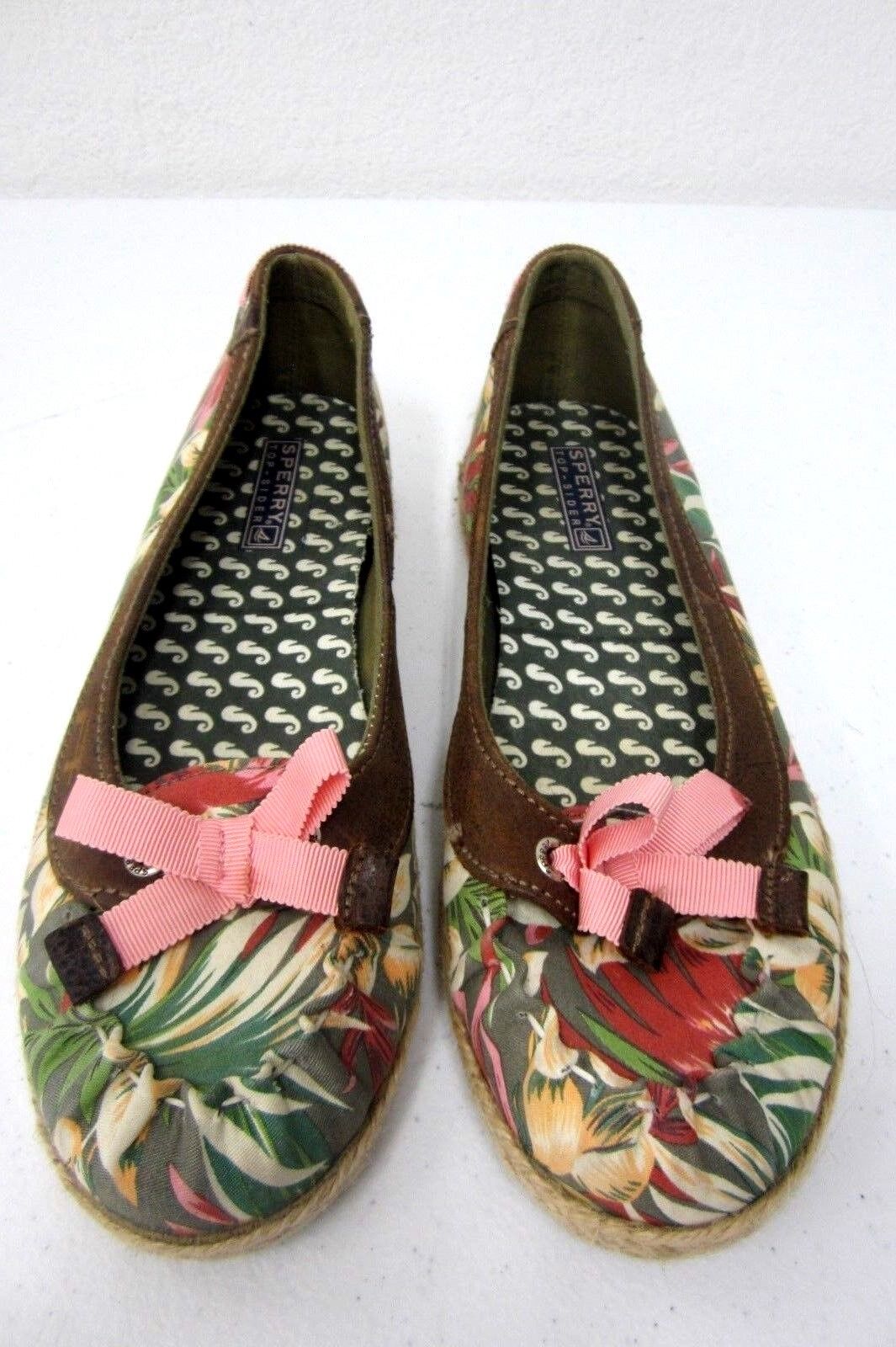 Sperry Top-Sider Tan Leather/Flowered Fabric Pink Bow Boat Shoe Women Size 8.5M