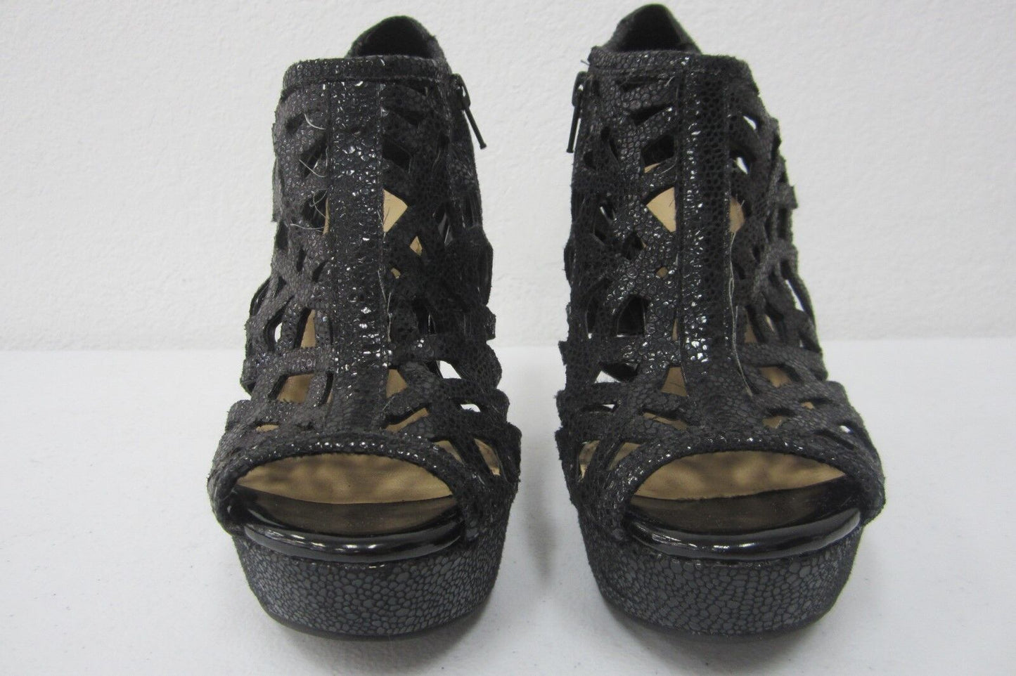 *NEW*  Gianni Bini Zip Up Black Leather Faux Snakeskin Wedge Open Toe Shoes 7M