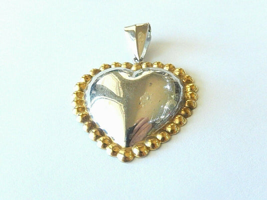 *VINTAGE*  Sterling Silver .925 Gold Tone Beaded Trim Heart Pendant 1.5" x 1.5"