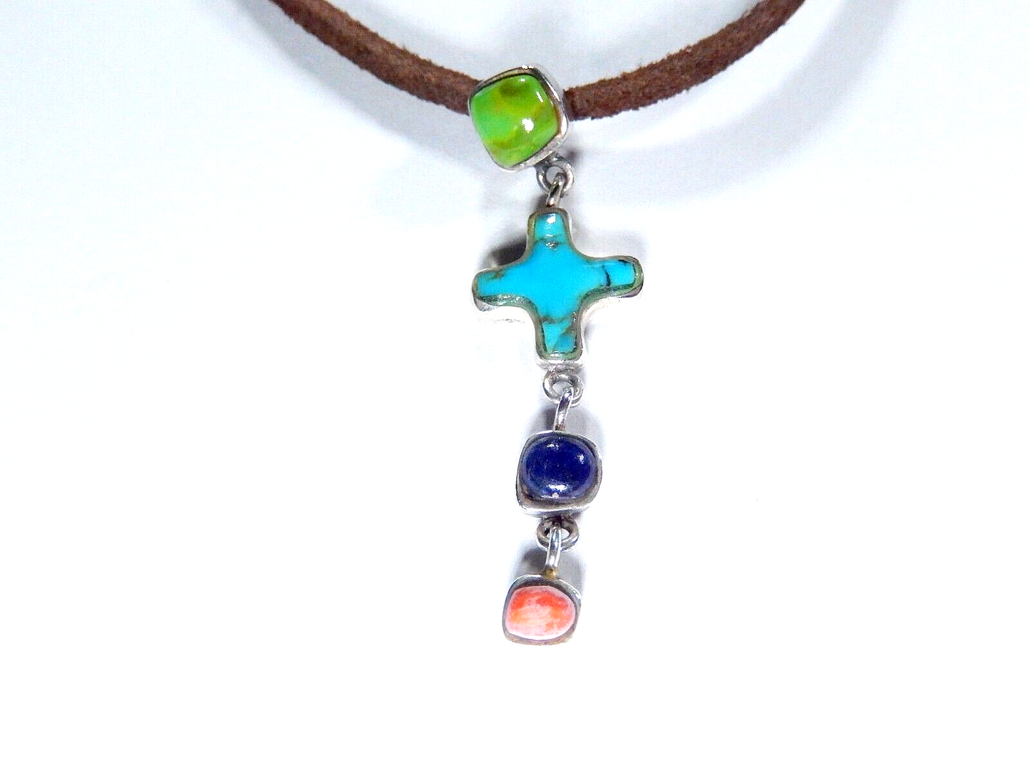 BARSE -  Sterling Silver Turquoise - Lapis - Coral Cross w/Brown Leather 18"cord