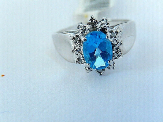 10k White Gold Halo Diamond Blue Topaz & Diamond Ring Size 5.75