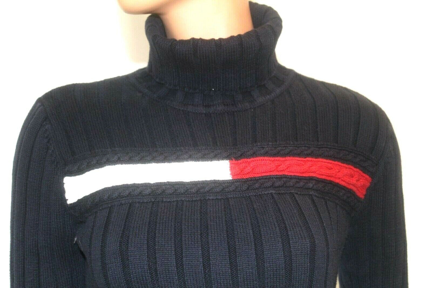 *VINTAGE*  Tommy Hilfiger Navy Sweater Turtle Neck Flag Logo Thick Ribbed Sz M