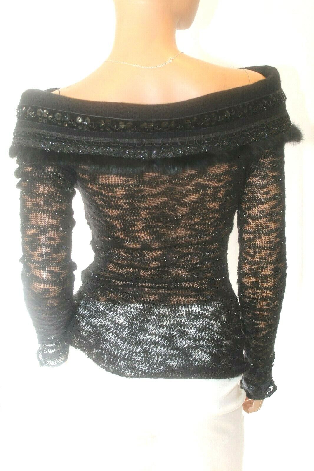 *NWT* Womens Buffalo David Bitton Bead Embellished Faux Fur See Thru Knit Top -M