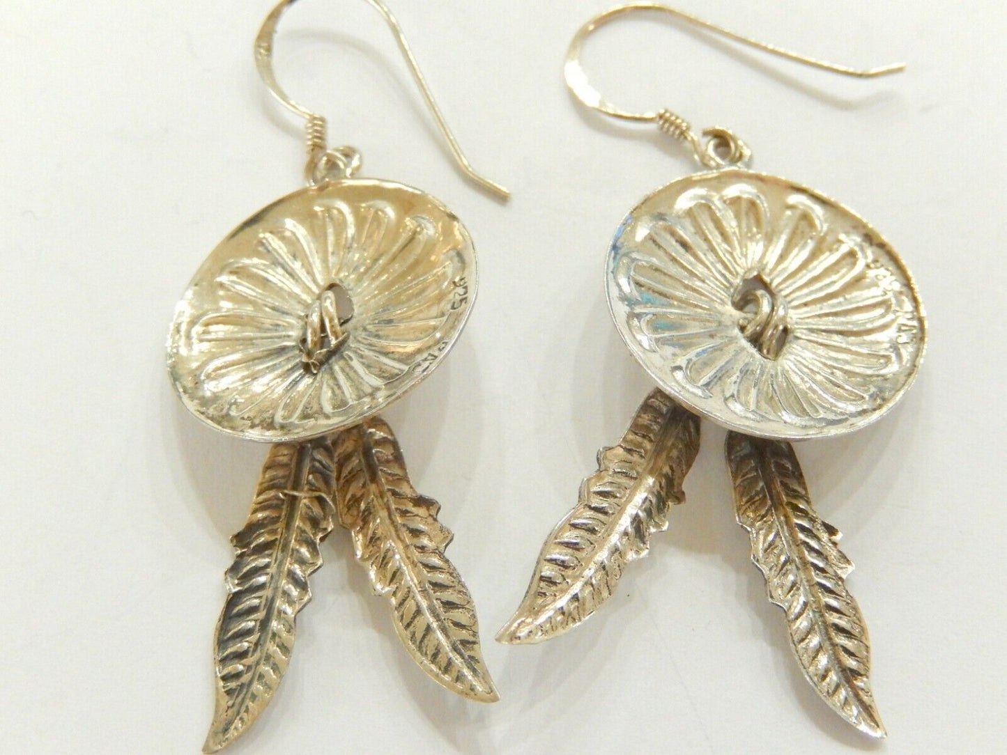 *VINTAGE Native American Sterling Silver Concho Pierced Earrings Feather Dangles