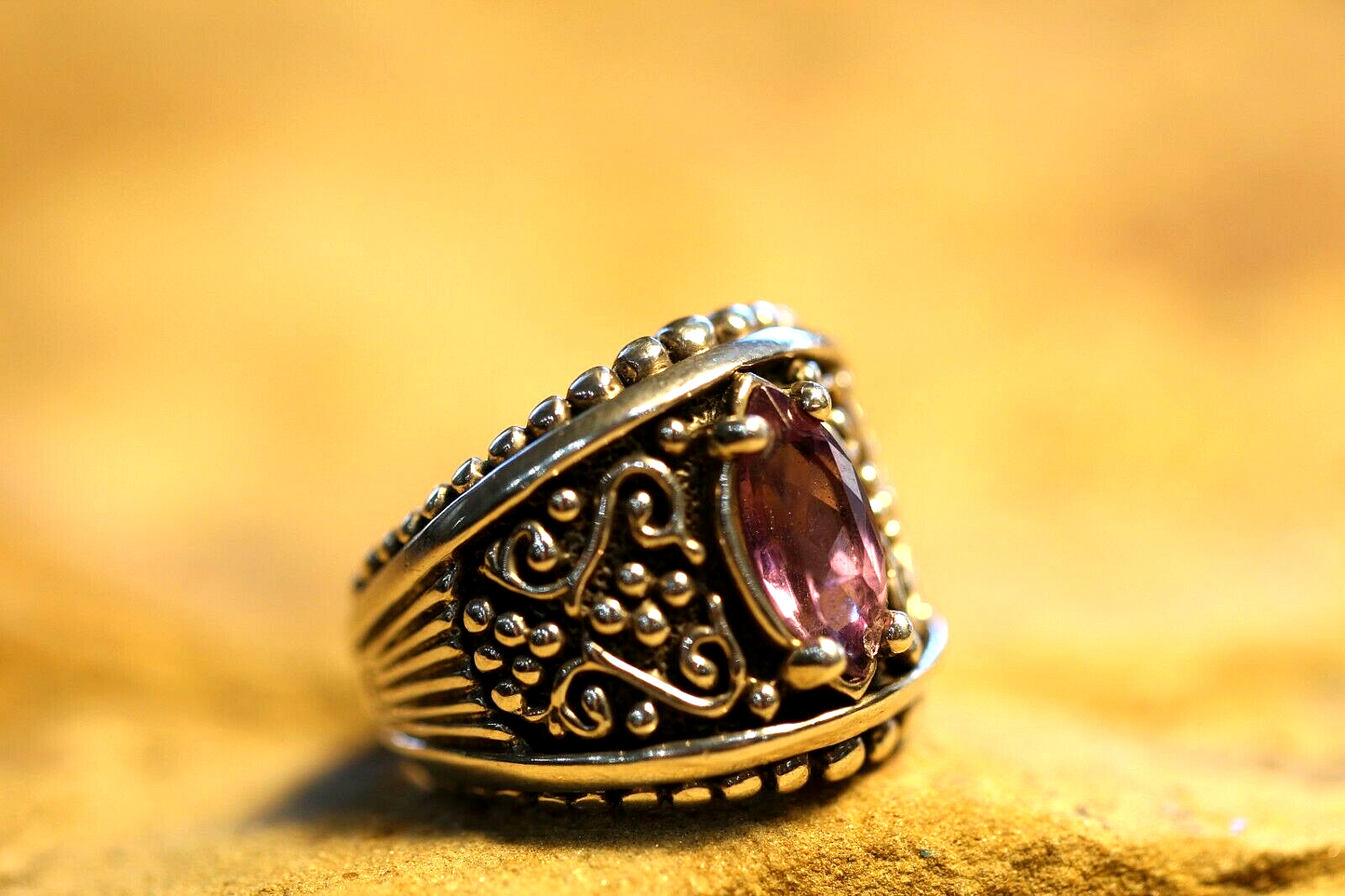 *VINTAGE*  Designer KABANA Amethyst 925 Sterling Silver Filigree Ring Size 7.5